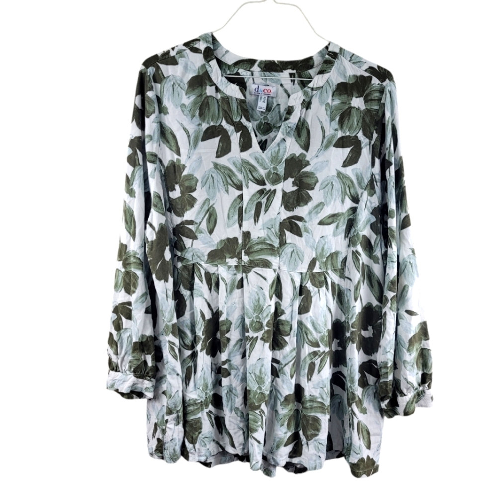 D & CO Denim + Company 2X Blouse Top Floral Print White Green Tunic EUC